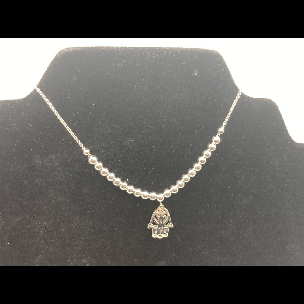 Silver Hand of Hamsa Adjustable Bracelet 9.25 in with Silver beads - Picture 2 of 4